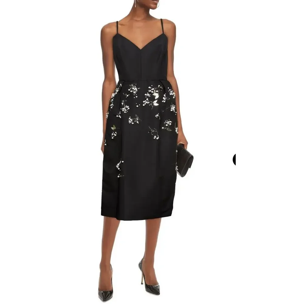 NWT: Carolina Herrera Embellished Pleated Silk-Faille Midi Dress - Picture 5 of 14